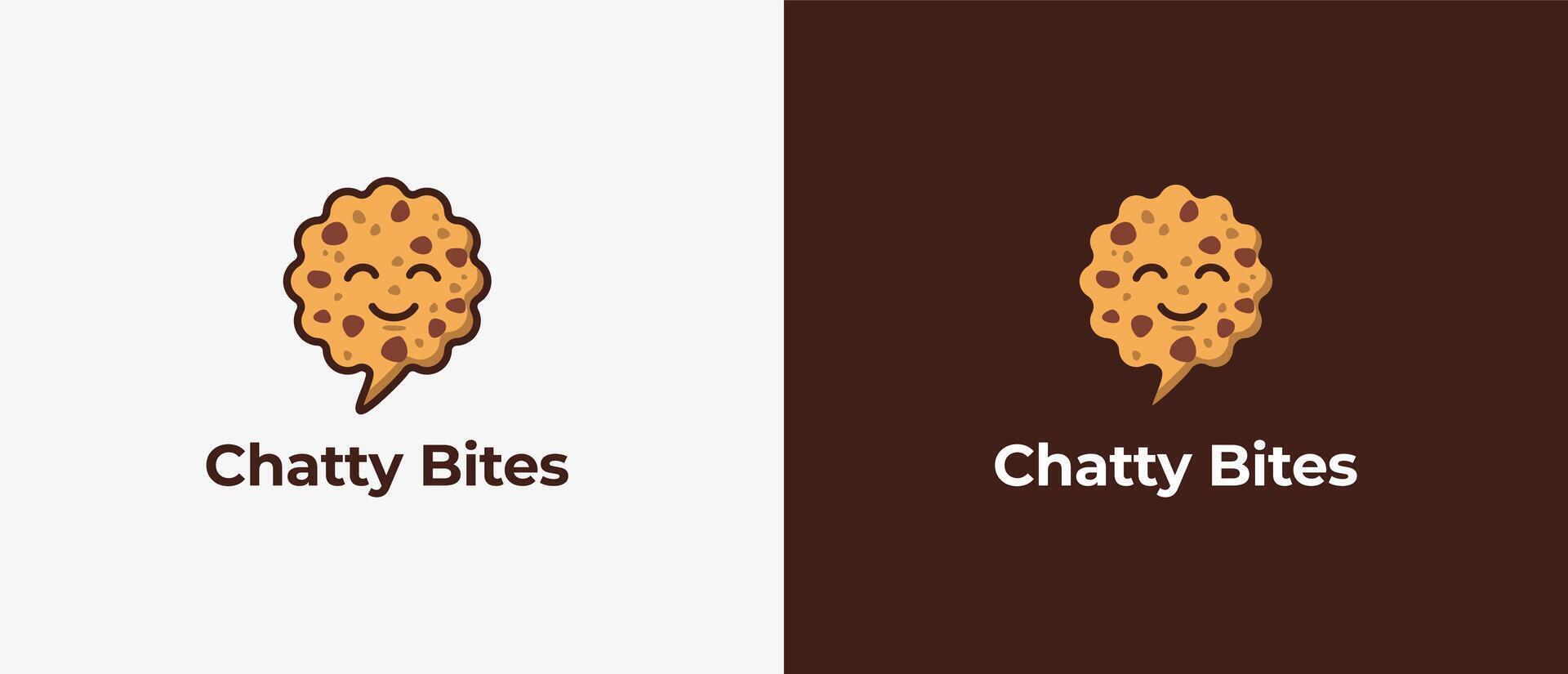 Logo Cookies with smile combine chat shape, logo chat cookies, cafe, snack, sweet, crunch with cartoon illustration. Editable file vector
