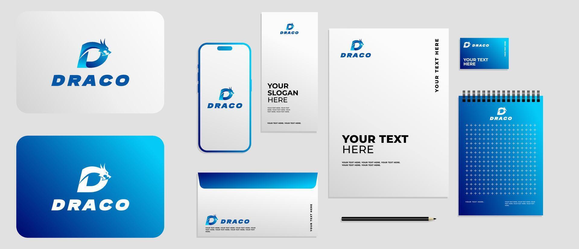 Logo design Letter D combine with Dragon head in blue color with full brand kit stationery, Mega bundle pack. Editable file vector