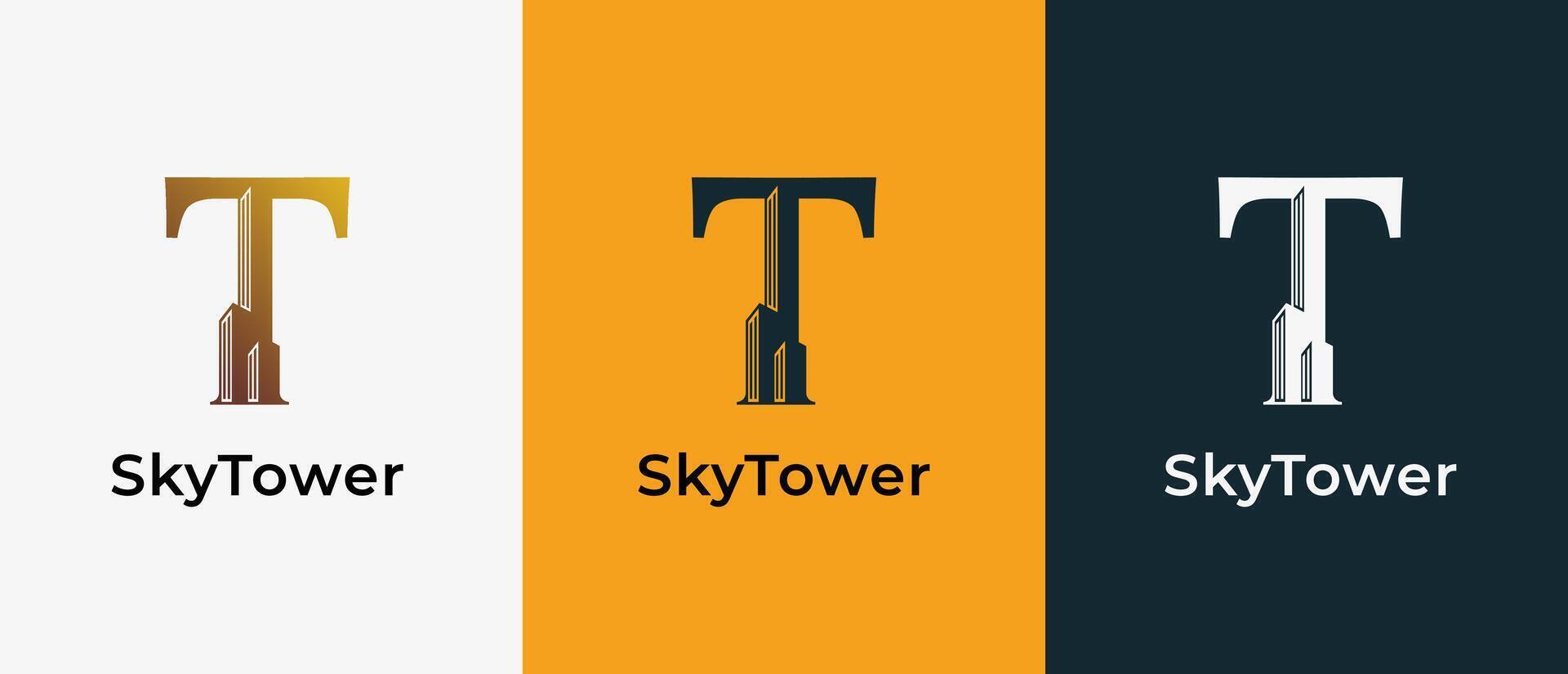Logo Letter T and Skyscraper Building with Gold luxury color. Logo real estate, architecture, building, apartment. Editable file vector