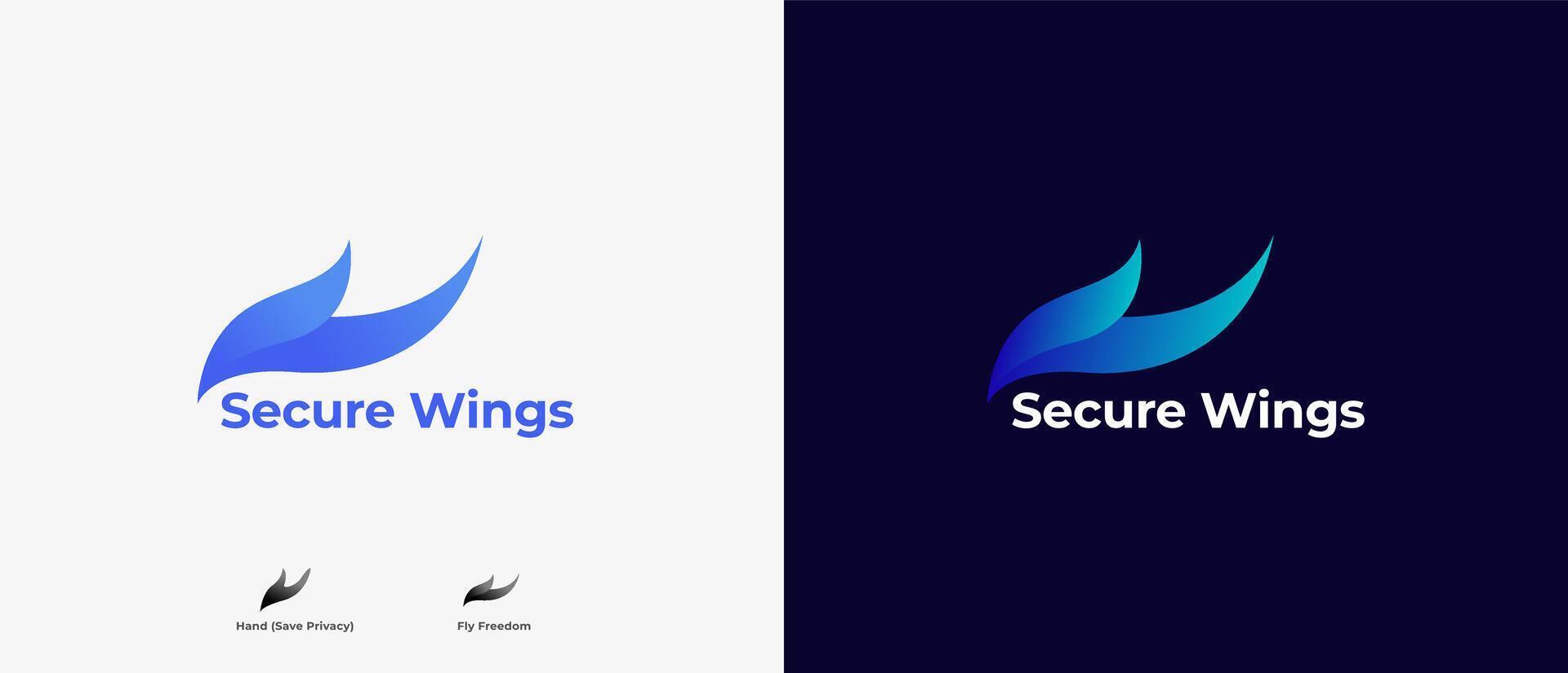 Logo tech minimalist abstract eagle wings bird with meaning hand palm safety and fly wings freedom, logo tech, logo security, logo apps, bird wing abstract logo. Editable file vector