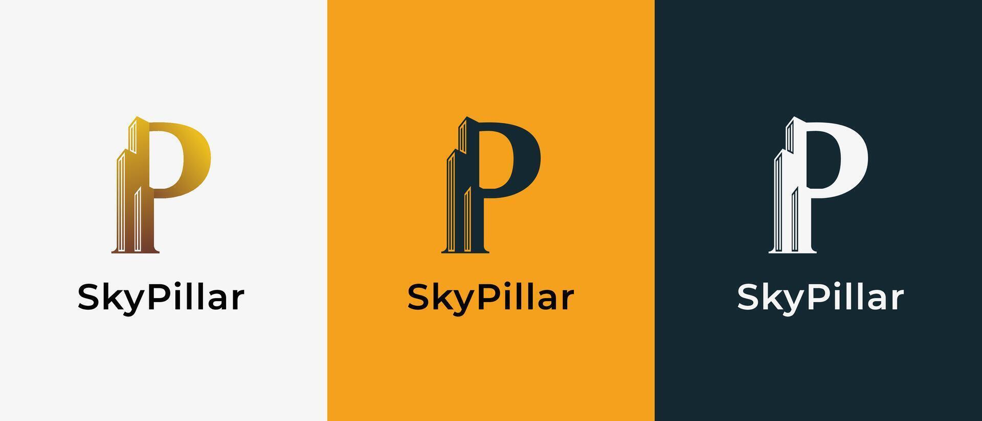 Logo Letter P and Skyscraper Building with Gold luxury color. Logo real estate, architecture, building, apartment. Editable file vector