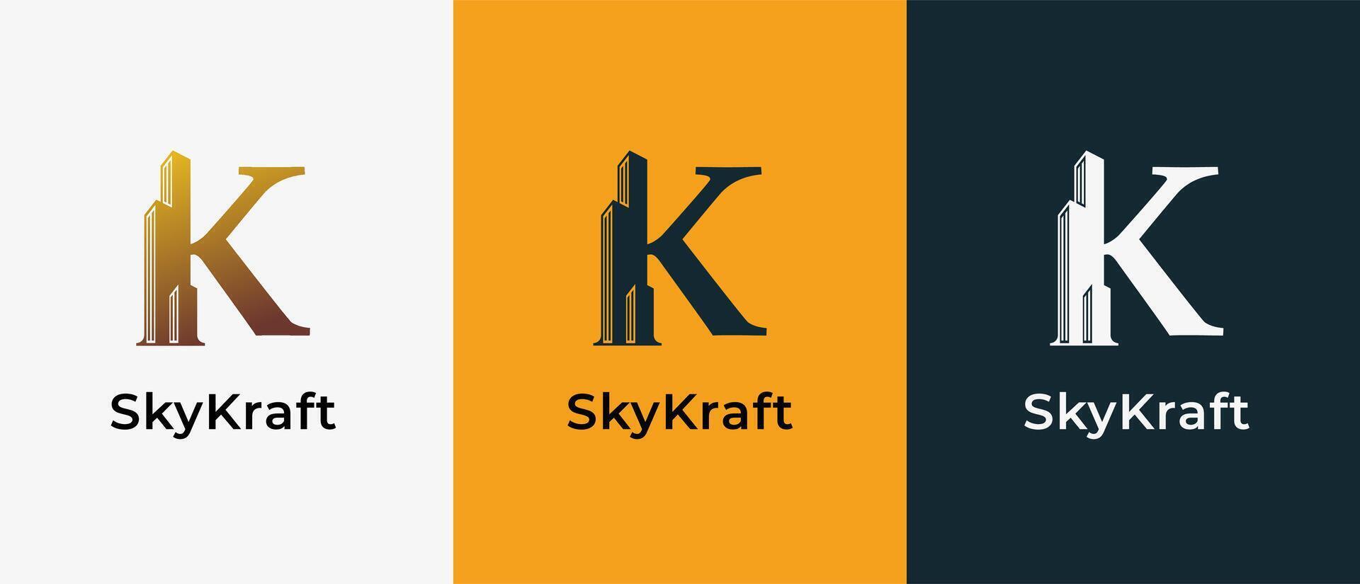 Logo Letter K and Skyscraper Building with Gold luxury color. Logo real estate, architecture, building, apartment. Editable file vector