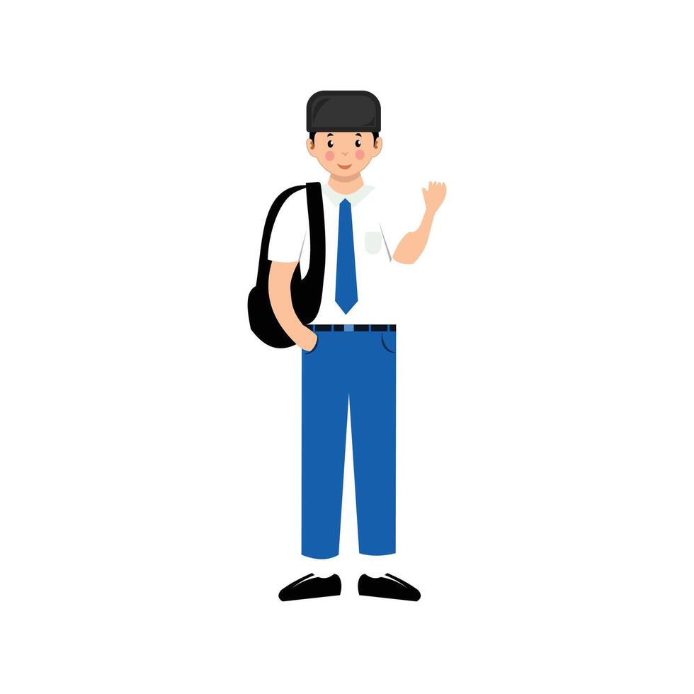 Schoolboy with backpack. Muslim young boy. Cute boy with cap in school uniform. Young student character illustration isolated on white background. Design element of cartoon people vector