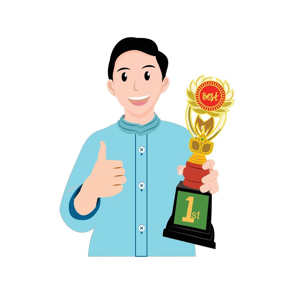 Successful boy holding a trophy and showing thumbs up. Young student character illustration isolated on white background. Design element of cartoon people vector