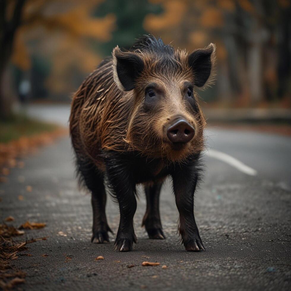 Wild Boar with tusks Hog WIldlife on the road photo
