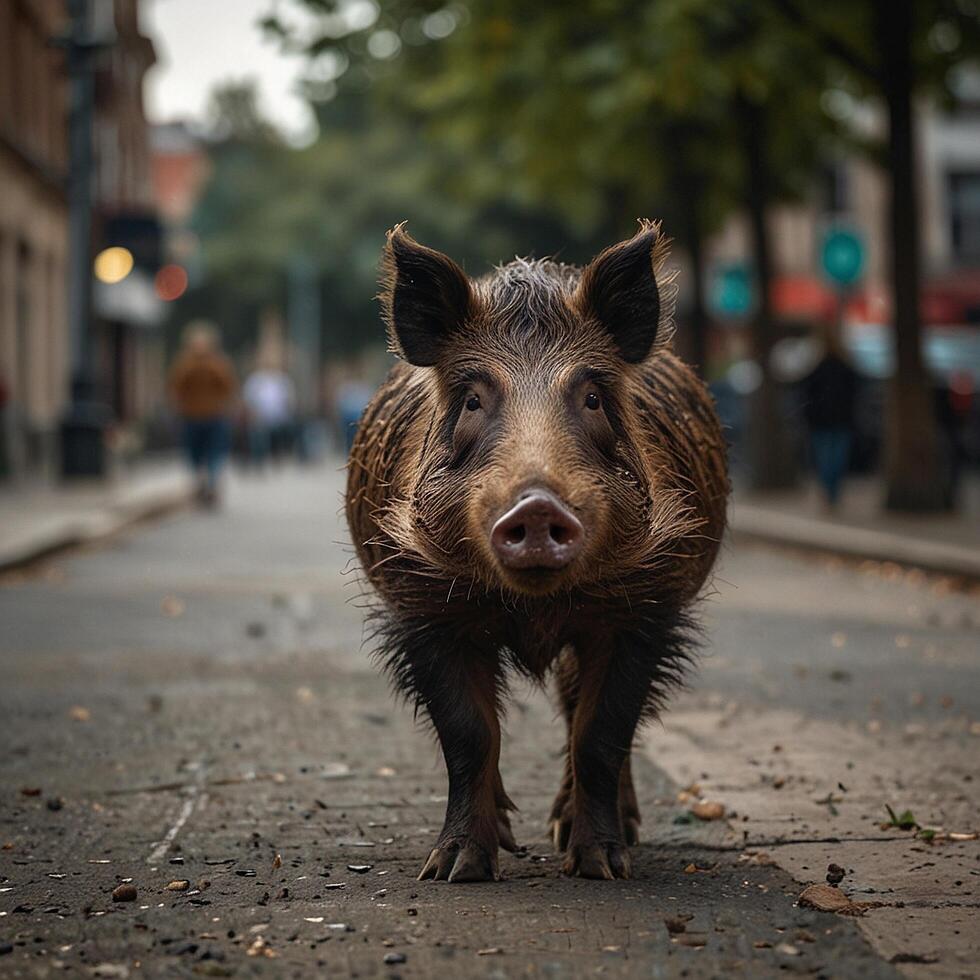Wild Boar with tusks Hog WIldlife in the city photo
