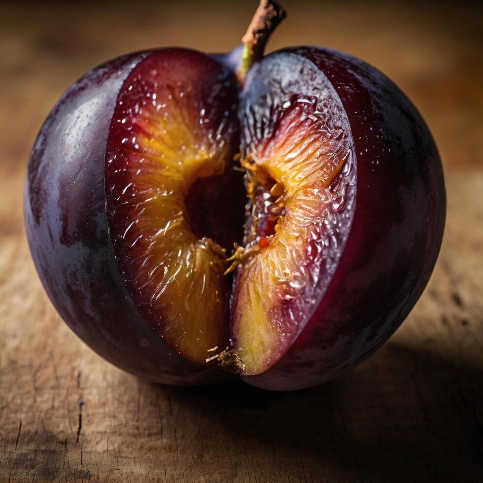 halved Tasty Purple Delicious Plum Fruit photo