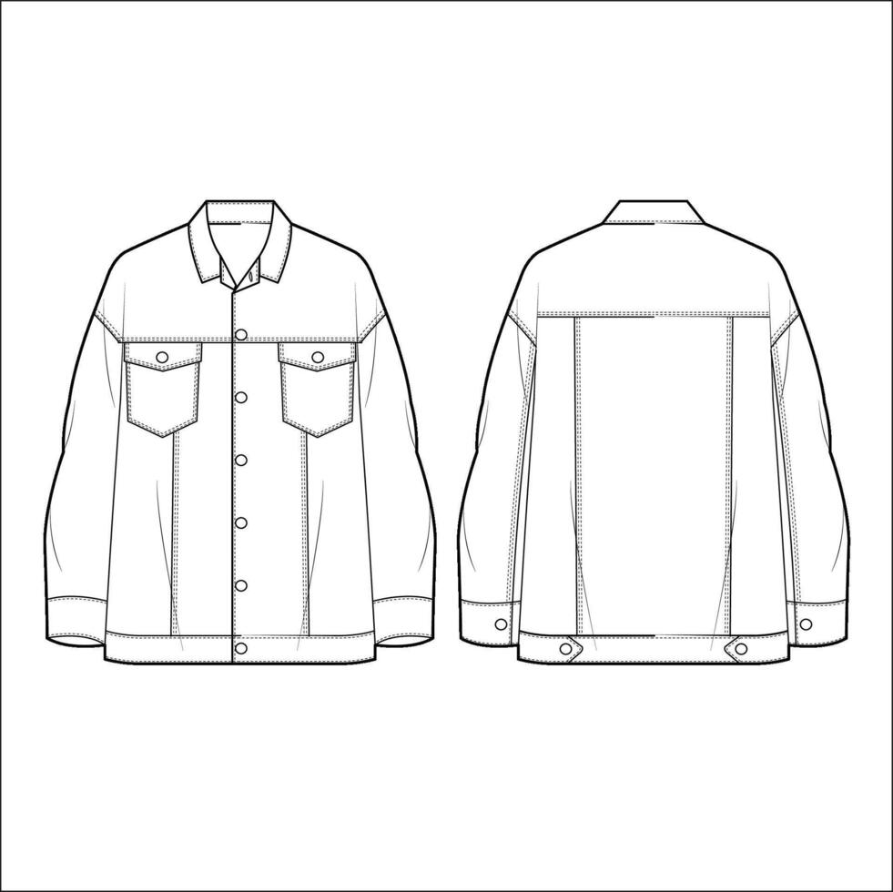Denim Jacket technical fashion Illustration. Long Jeans Jacket fashion flat technical drawing template, relaxed fit, button, pocket, front, back view, white, grey, women, men, unisex CAD mockup set. vector