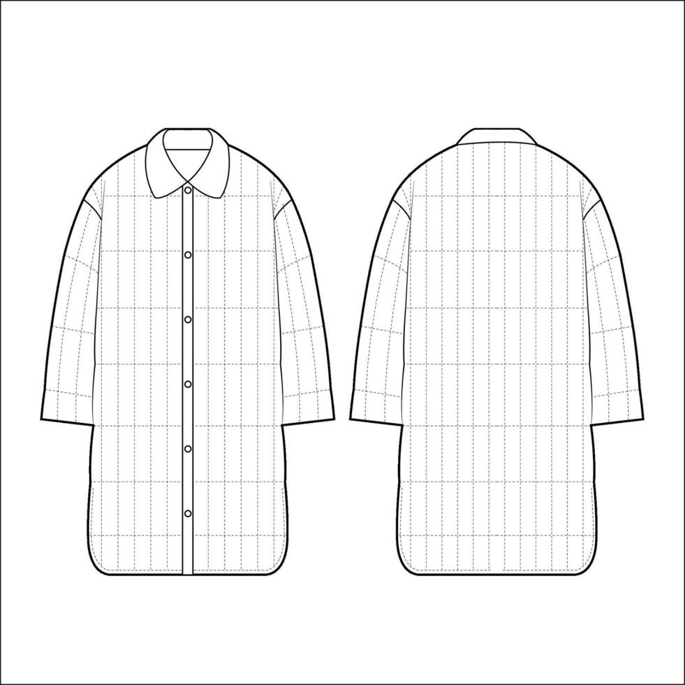 Padded Jacket technical fashion Illustration. High Neck Down Jacket, Coat fashion flat technical drawing template, ribbed, pocket, front and back view, white, women, men, unisex CAD mockup set. vector