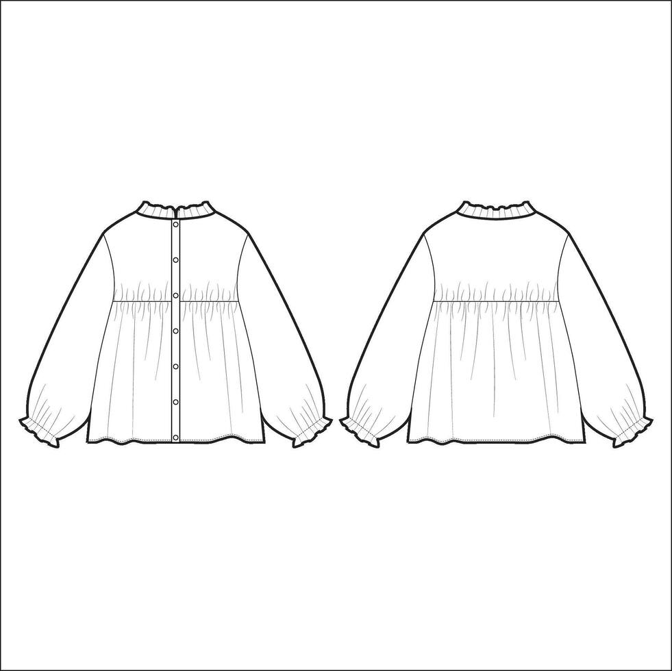 long sleeved blouse fashion CAD, woman v neck dropped shoulders top with lace detail technical drawing, template, flat, sketch. Jersey or woven fabric blouse with front, back view, white color vector