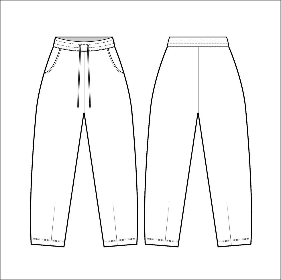 wide leg Sweatpants Flat Technical Drawing Illustration Five Pocket Classic Blank Streetwear Mock-up Template for Design Tech Packs CAD Joggers vector