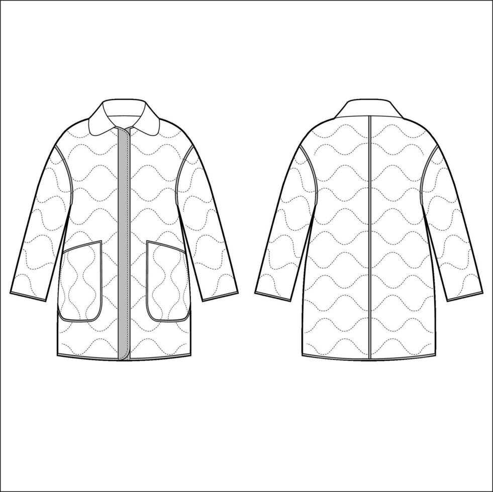 Padded Jacket technical fashion Illustration. High Neck Down Jacket, Coat fashion flat technical drawing template, ribbed, pocket, front and back view, white, women, men, unisex CAD mockup set. vector