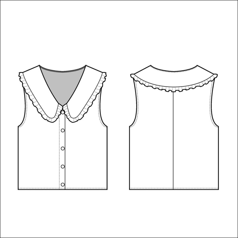 womens button panel crop top sleeveless v neck full open button placket fashion cropped flat sketch technical drawing template design vector