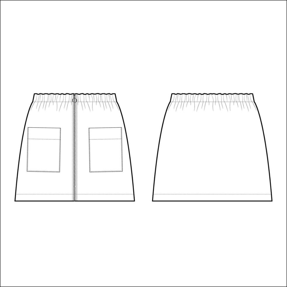 Skirt flat sketch for girls. Skirt technical drawing. Girls Short Skirt fashion flat sketch template. Technical Fashion Illustration vector