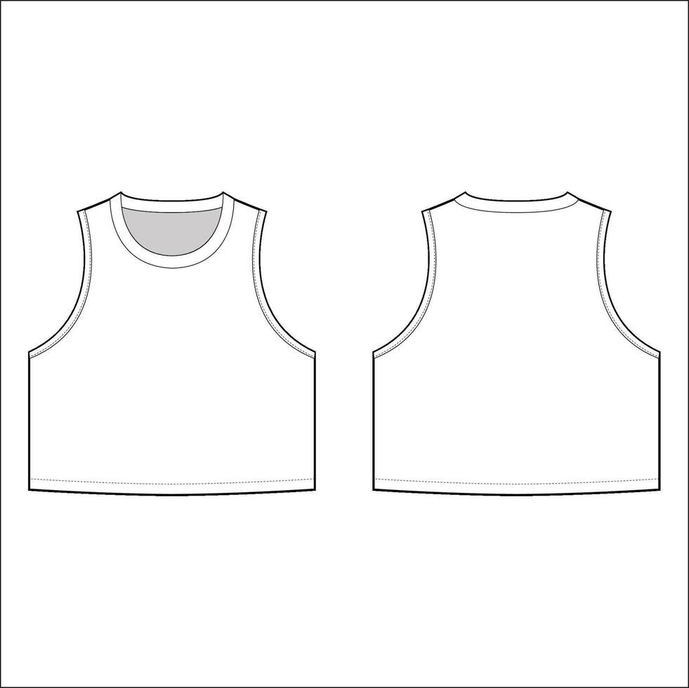 Women Ribbed sleeveless Lettuce hem Crop Top round neck vest tank top t shirt blouse flat sketch technical drawing template design vector