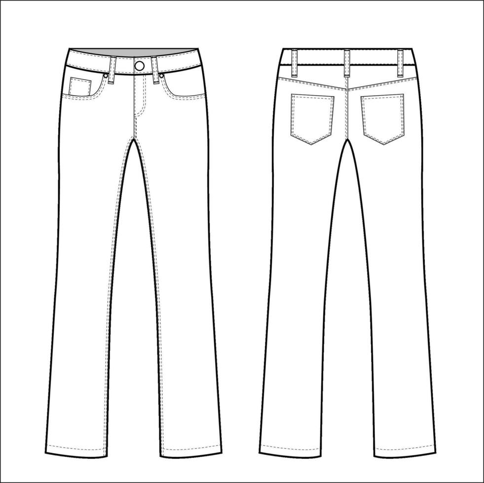 Women Flare denim jeans trouser pants front and back view flat sketch fashion illustration, Oversize mom jeans five pockets jeans denim pants cad drawing template vector