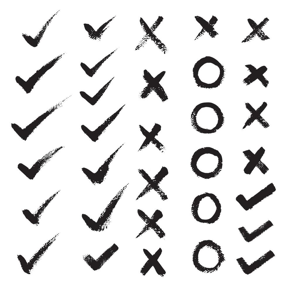 Set hand drawn check mark, tick and cross brush signs with canvas texture. icon set. vector