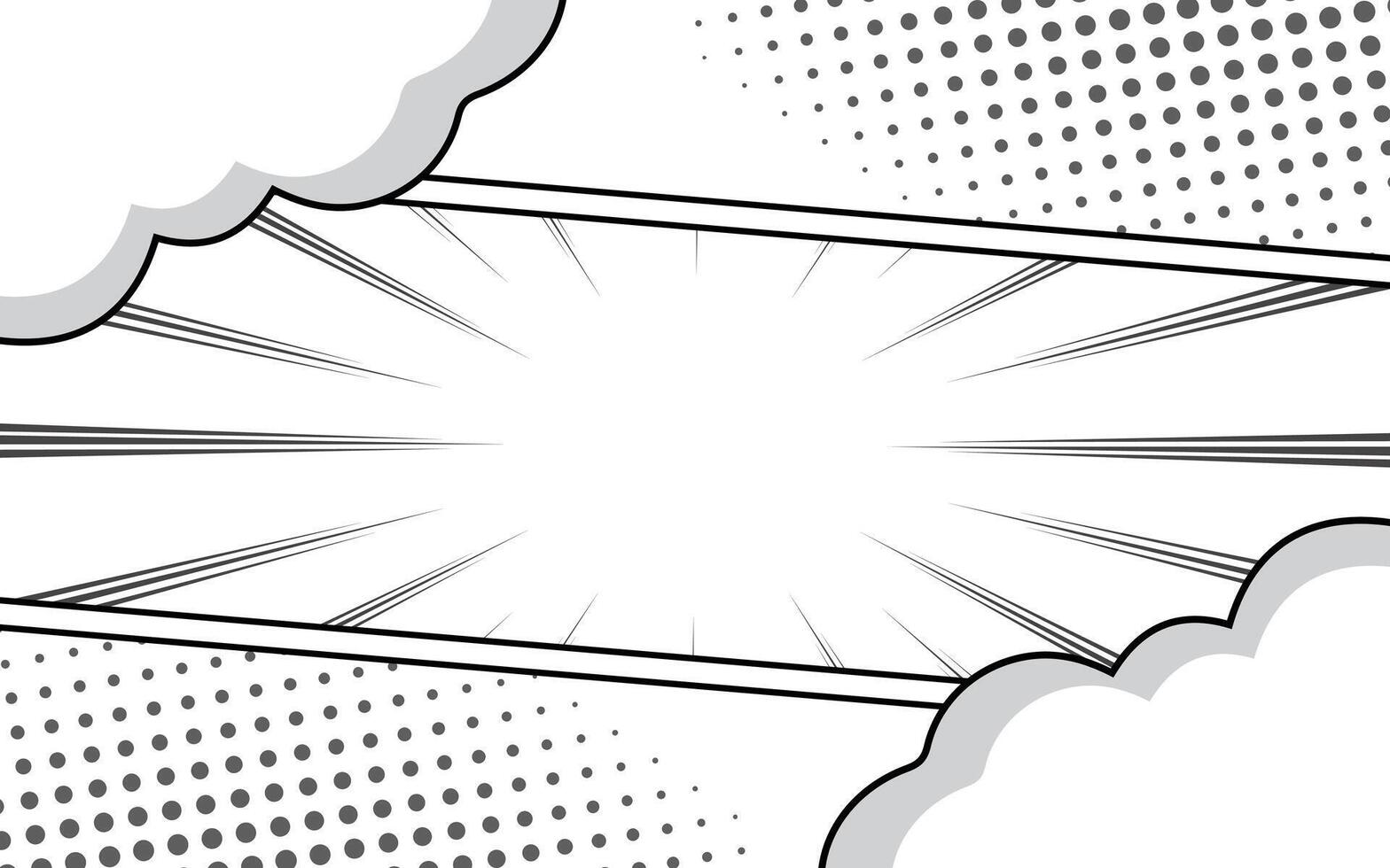 Comic book page background with radial rays and halftone effect. Black and white illustration vector