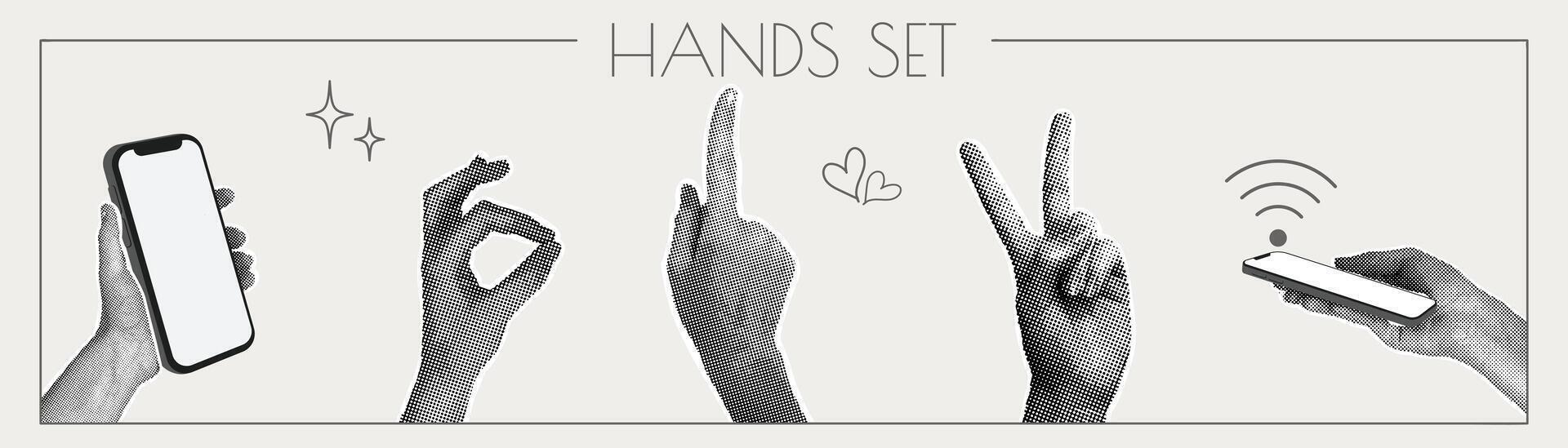 Trendy halftone collage. Trendy y2k elements for design. Image of hands with different gestures and phone in hand. Trendy modern retro illustration. vector