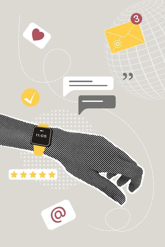 Trendy halftone collage with smart watch. Business concept. Smart watch on your hand. Trendy modern retro illustration. vector