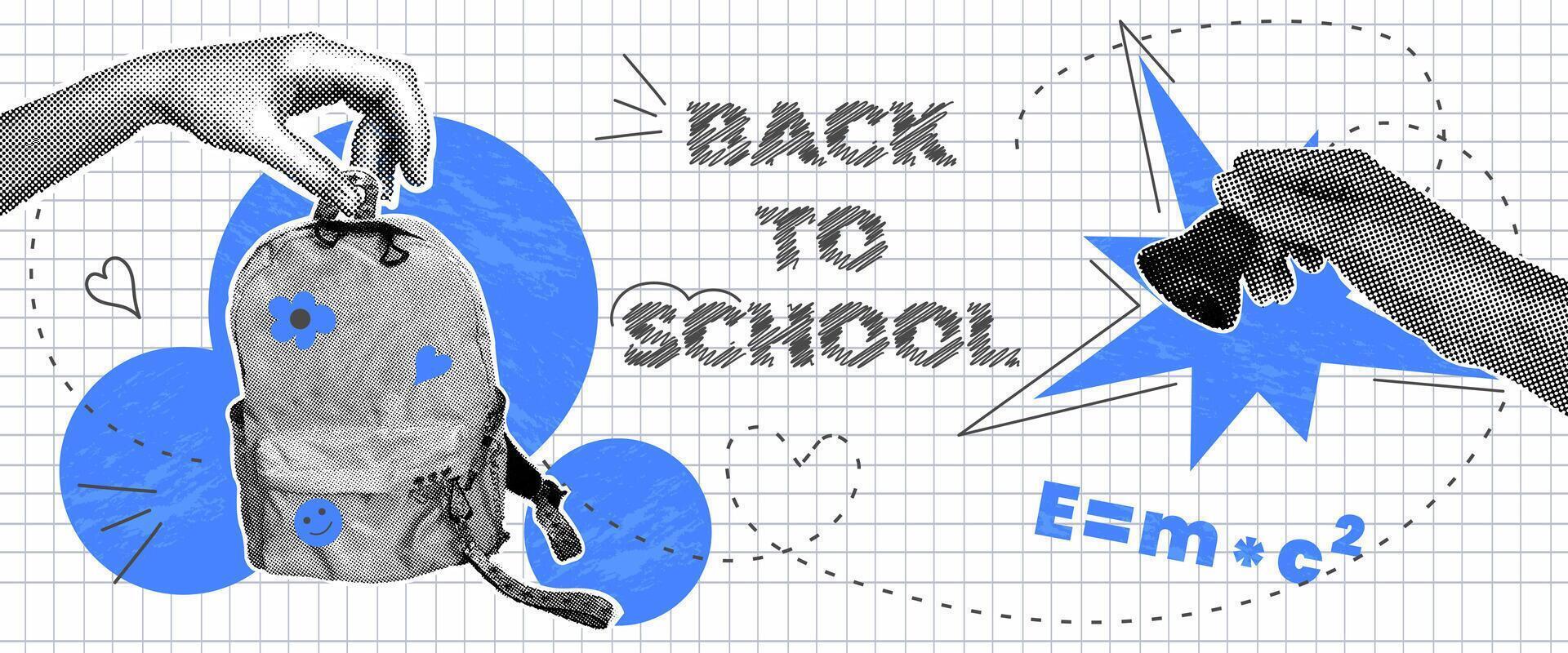 Back to School Banner. Trendy halftone collage, backpack, school bell, doodles on checkered background. Concept of learning, knowledge. vector