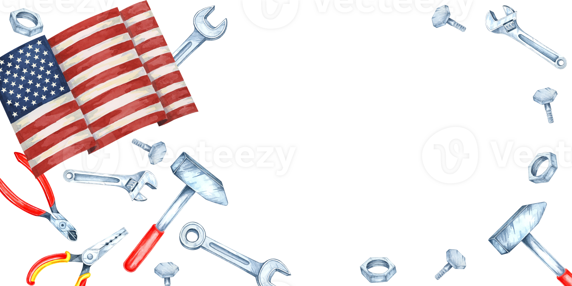 Labor Day banner with American flag, surrounded by various tools such as pliers, wrenches, and hammers in red, blue, and silver. Watercolor clipart with space for text for event invitations png