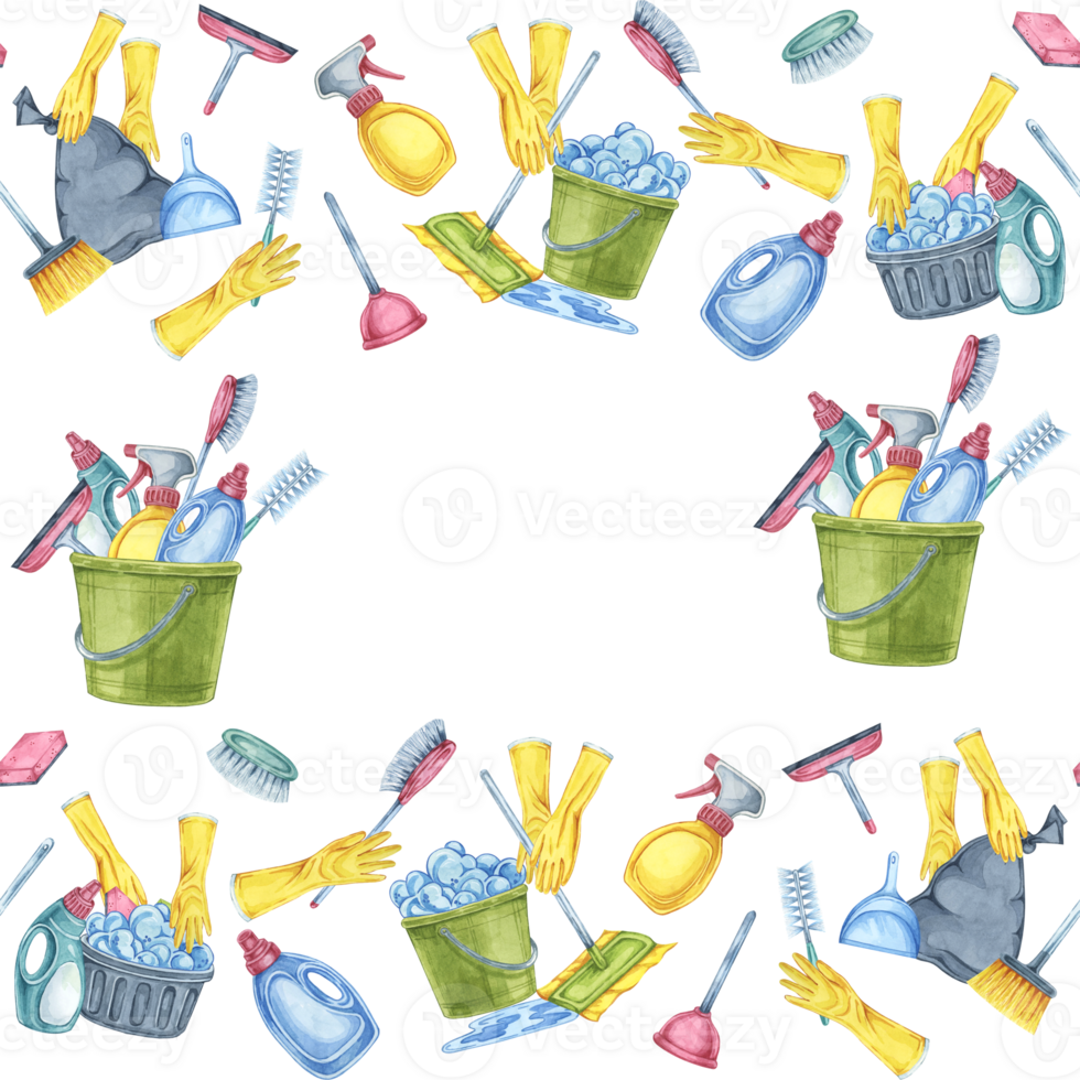 Cleaning utensils such as brooms, buckets, gloves, and sprays in a square frame. Watercolor clipart. Great for enhancing the look of cleaning checklists, promotional materials, and web graphics png
