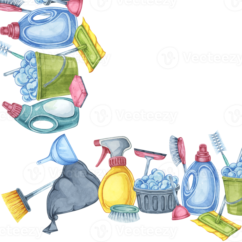 Cleaning tools like brushes, spray bottles, sponges, and gloves in the square frame. Watercolor clipart. Great for use in advertisements, brochures, and website designs for housekeeping services png