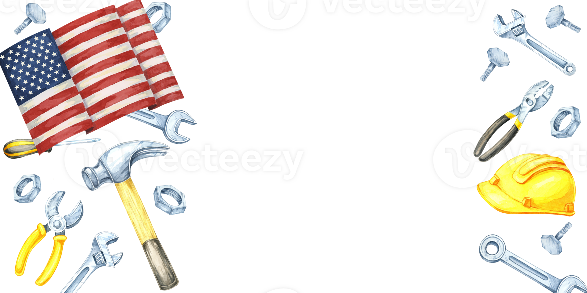 Labor Day watercolor clipart with American flag along with tools such as a hammer, wrench, and yellow safety helmet. The banner is offering space for text in flyers, and promotional materials png