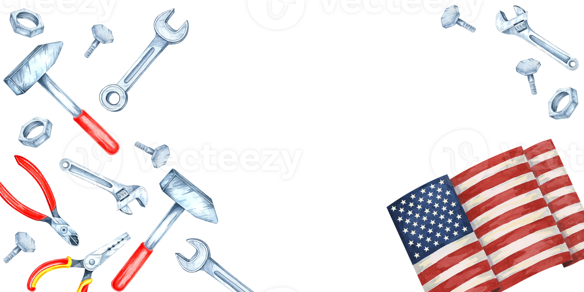 Labor Day banner with an American flag surrounded by tools including pliers, wrenches, hammers, and bolts in red and blue. Watercolor clipart with copy space, perfect for text overlays in event flyers png