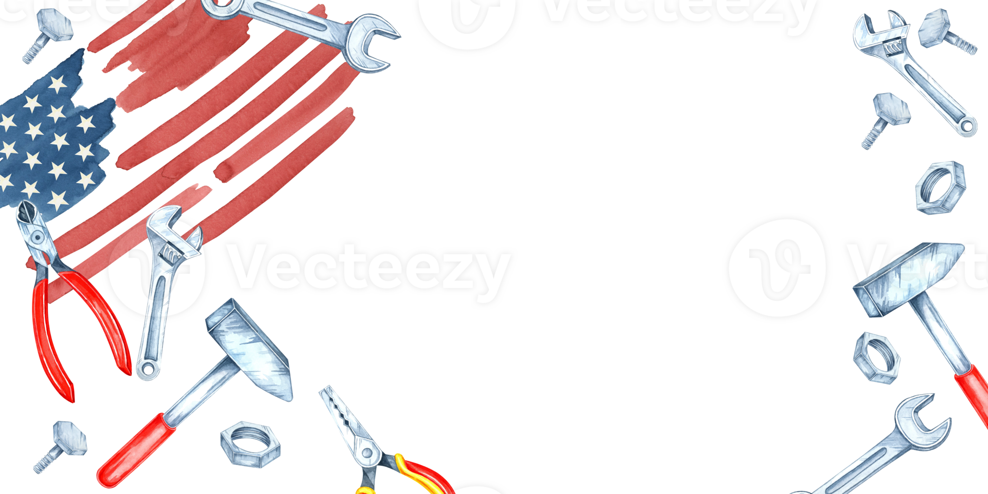 Labor Day banner with American flag and variety of tools including wrenches, pliers, and hammers scattered around it. Watercolor clipart ideal for use in flyers, social media and promotional designs png