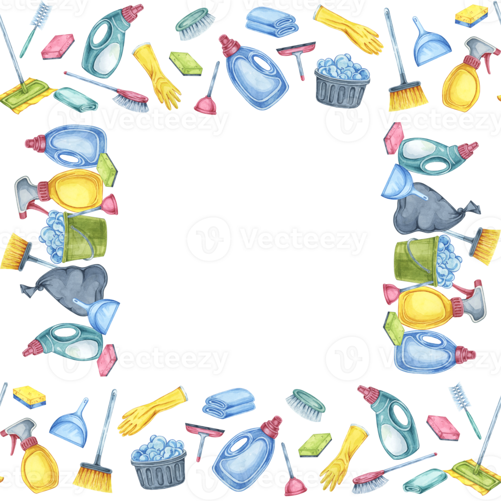 Cleaning utensils like sponges, mops, brooms, and spray bottles in a colorful square frame. Watercolor clipart. Ideal for enhancing flyers, invitations, and social media posts related to cleaning png