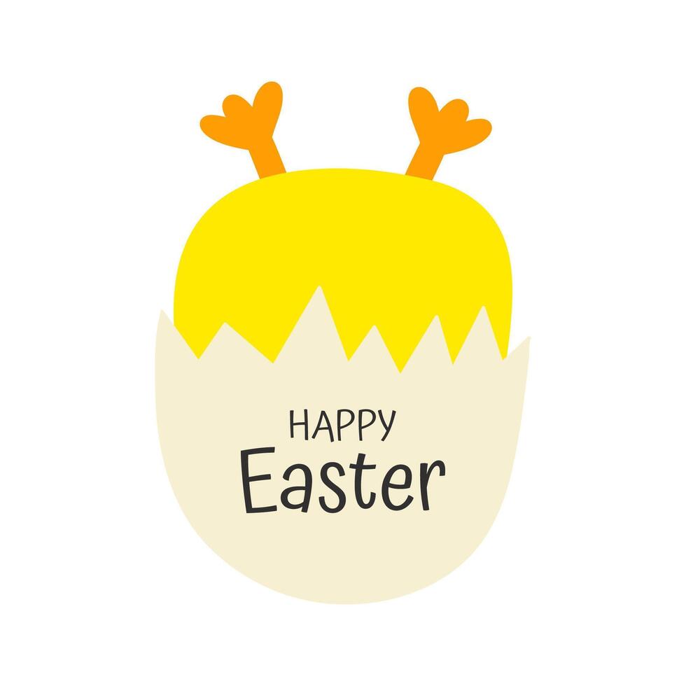 Cute yellow chick hatching from egg with Happy Easter lettering on white background. Hand drawn illustration vector