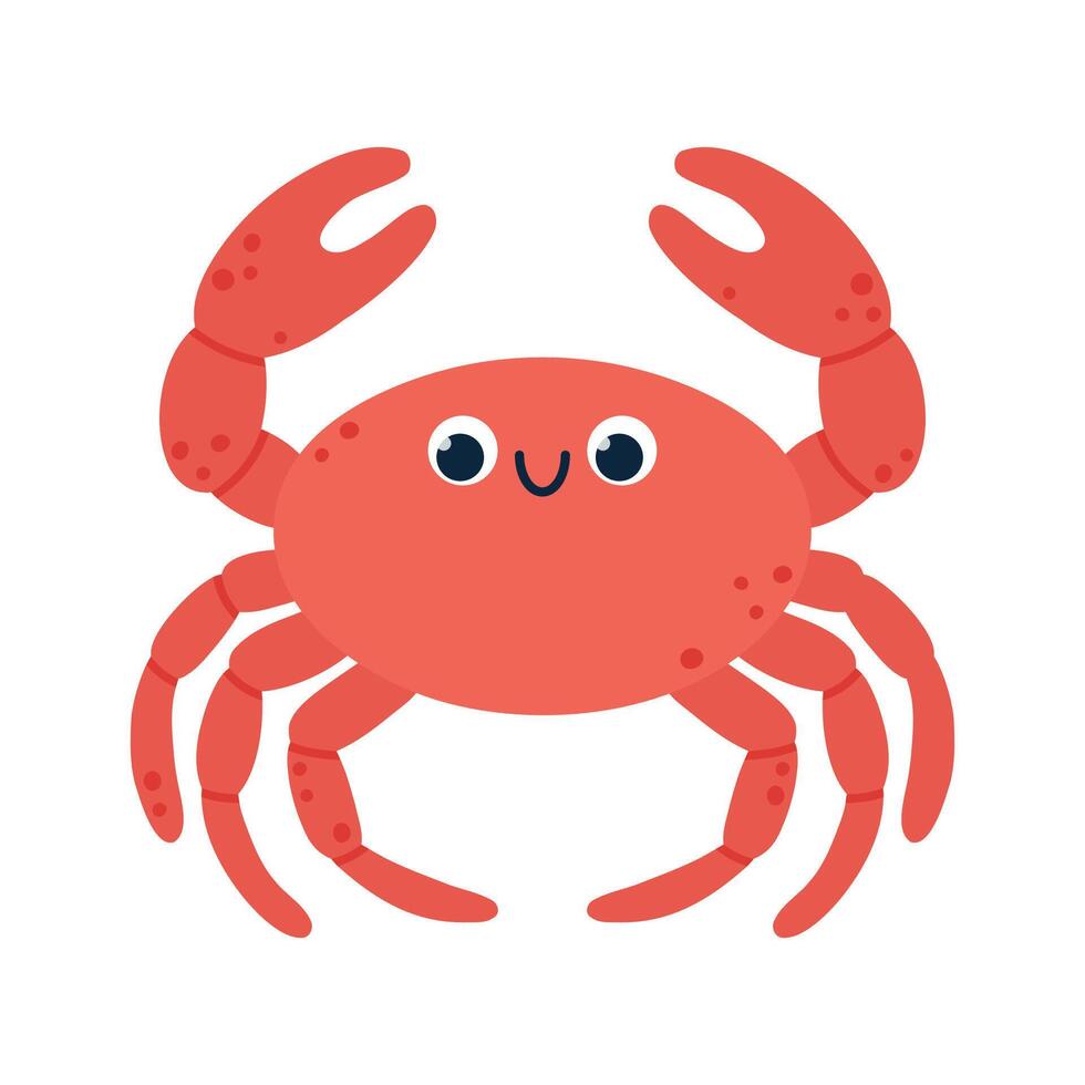 Kawaii red crab with smiling face, raised claws, cheerful expression. Sea animal. Cartoon illustration vector