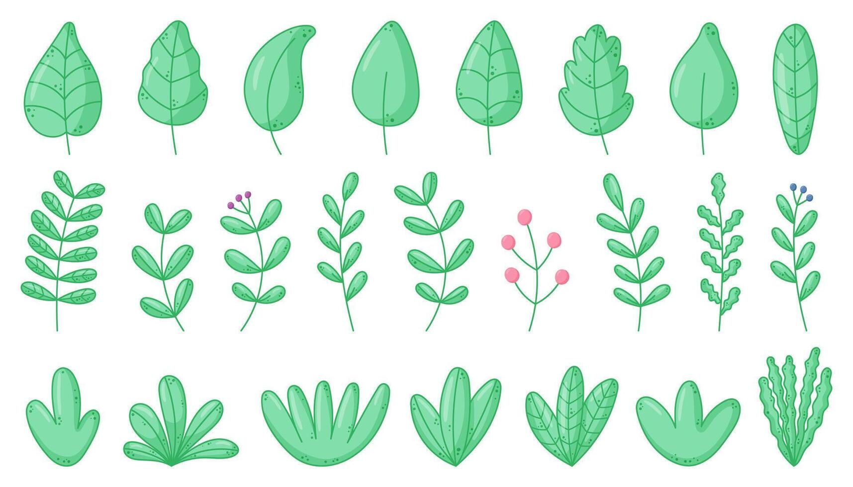 Various green leaves and plants set. Ideal for nature themed designs. Botanical cartoon illustration on white background vector