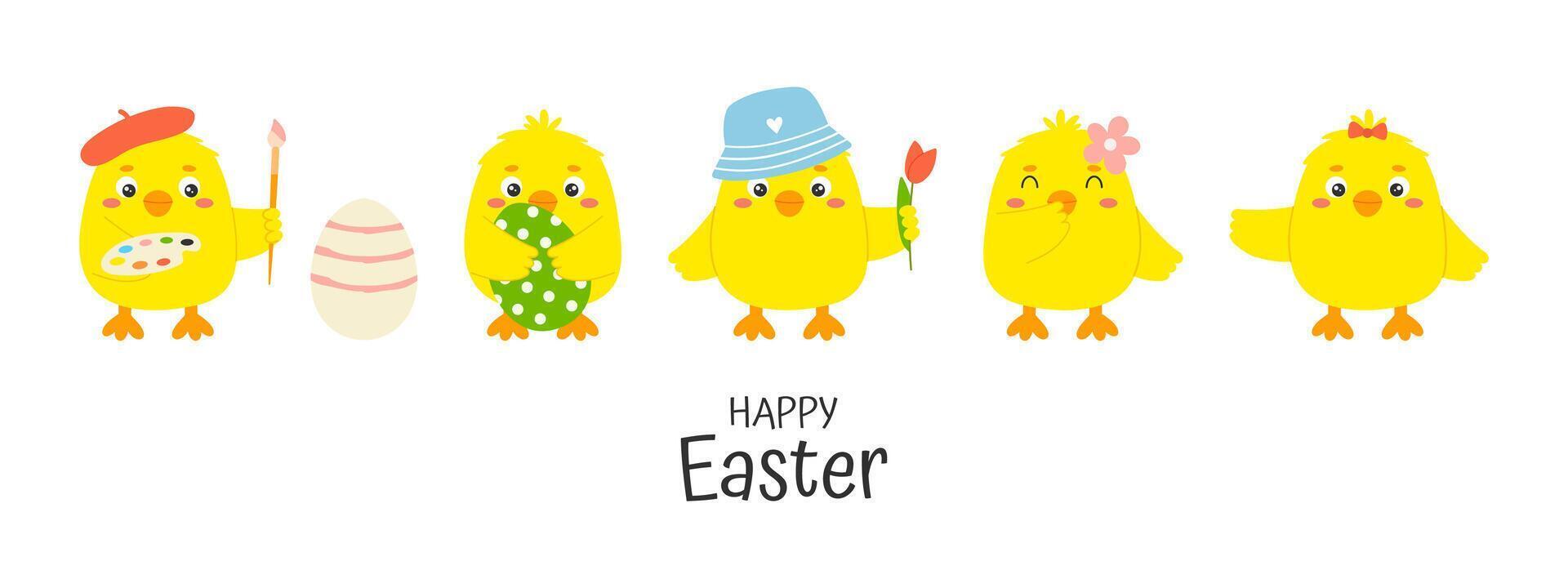 Cute easter yellow chick character set with Happy Easter lettering phrase. Funny baby chickens in various poses. Little baby farm birds collection. Hand drawn illustration vector