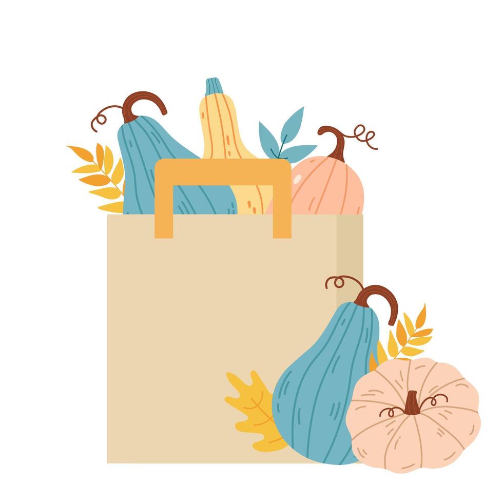 Grocery paper bag with autumn pumpkins and leaves vector