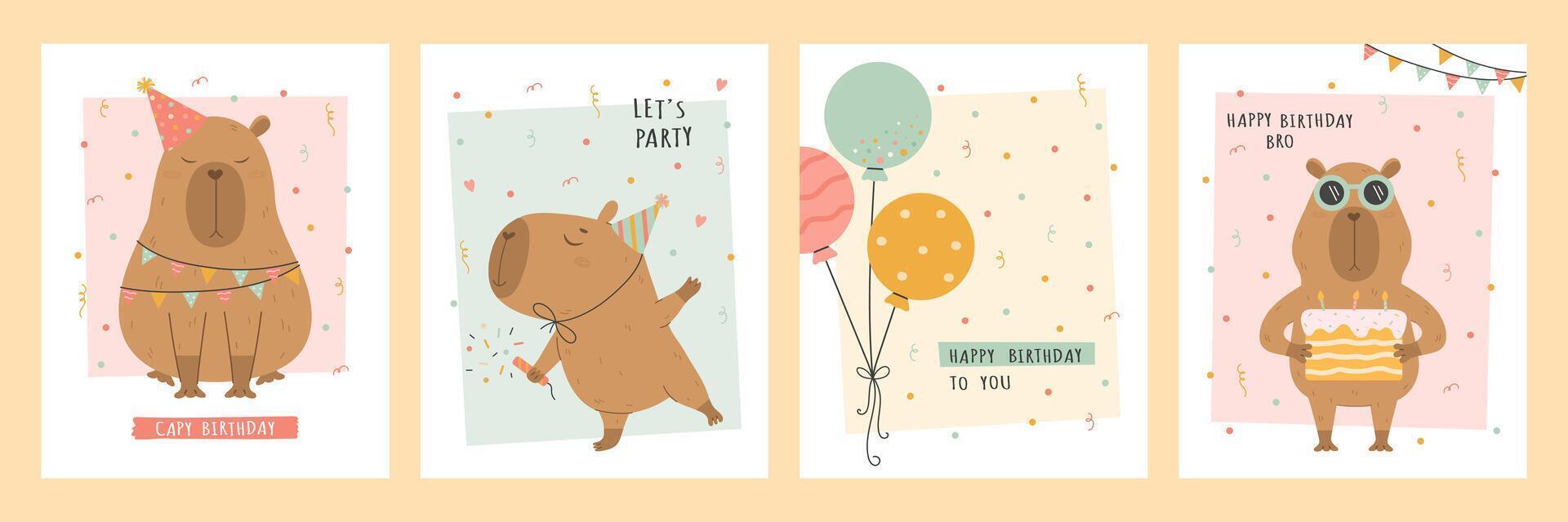 Birthday card set with capybara, cake and balloons vector