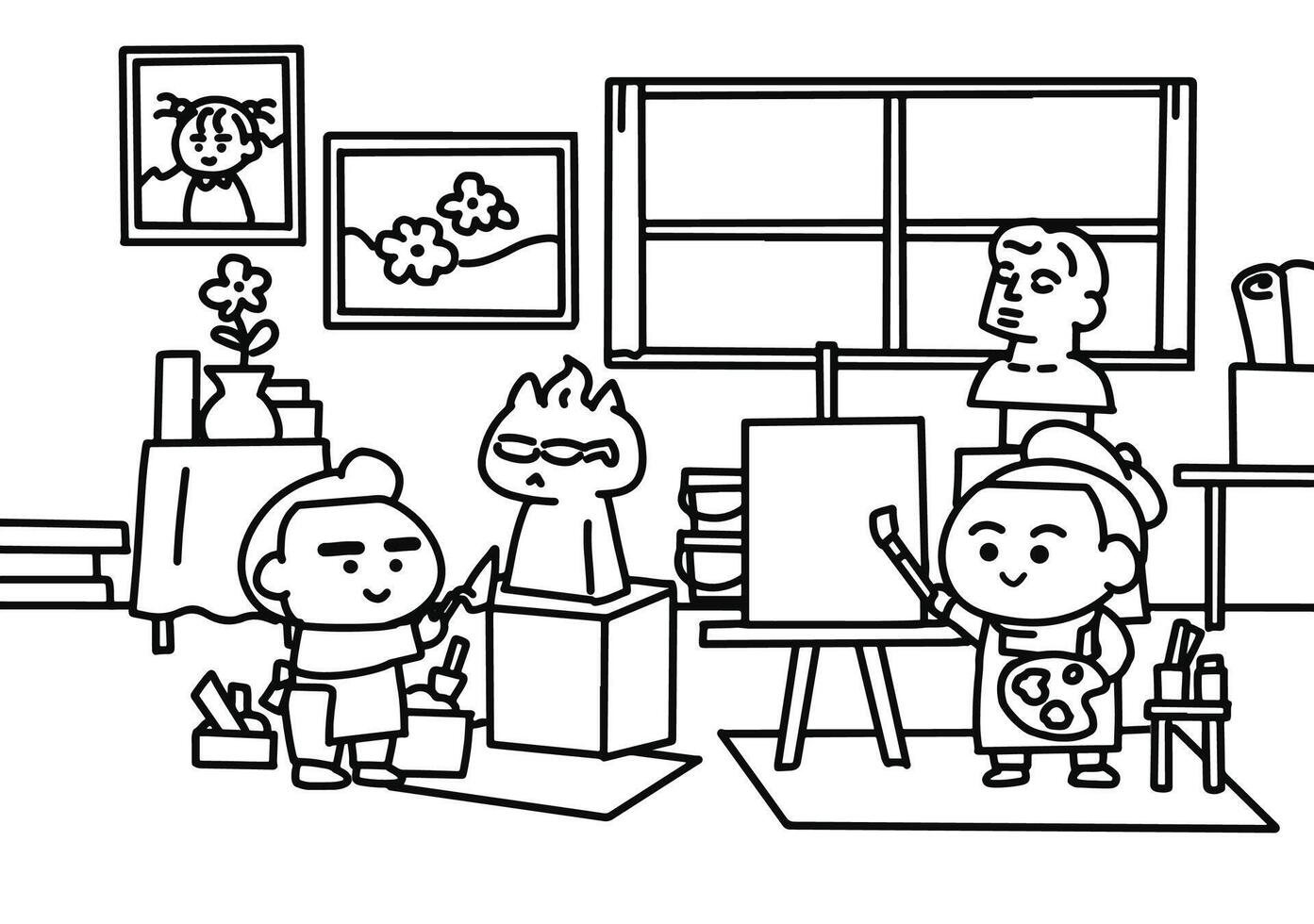 The Artist in their workshop coloring pages style. vector