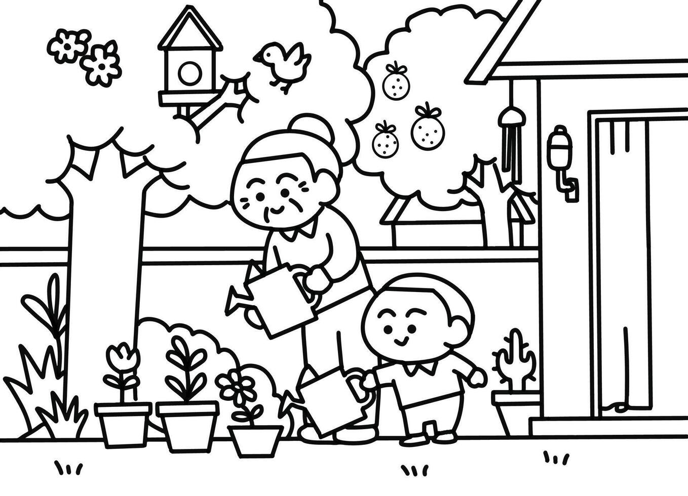 Kid watering the plants with grandmother. vector