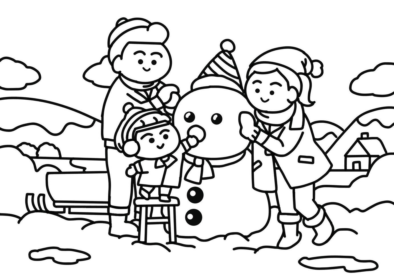 Family playing snow coloring pages style. vector