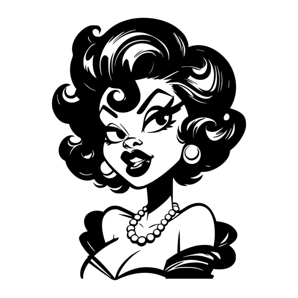 Black and white pop art illustration of a sassy retro woman wearing a pearl necklace and an off-the-shoulder dress, showcasing classic 1950s style with a bold, confident expression. vector
