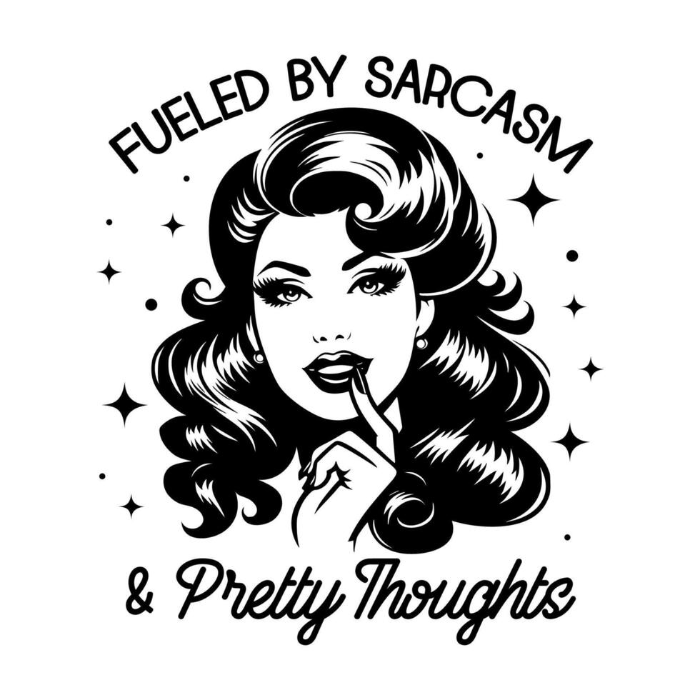 Black and white pop art illustration of a retro woman with a finger on her lips, paired with the quote, blending 1950s style with witty humor. vector