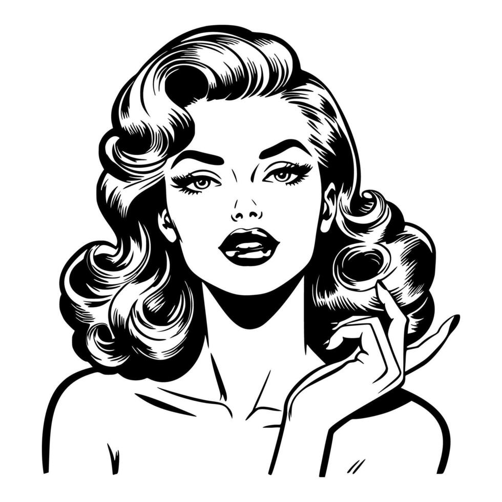 Black and white pop art illustration of a confident retro woman with bold expression and stylish hair, representing classic 1950s glamour and fashion. vector