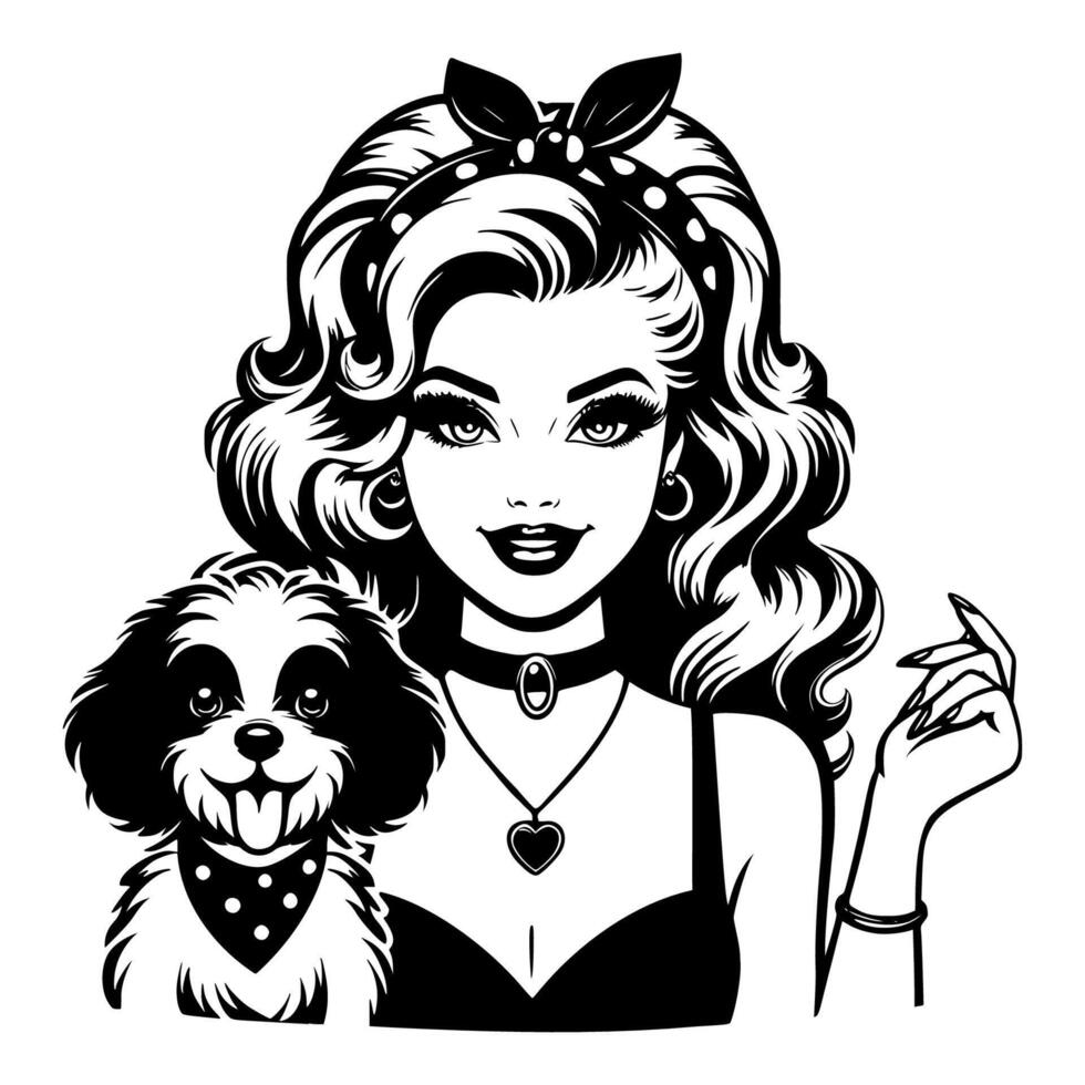 Black and white pop art illustration of a stylish retro woman smiling with her dog, both wearing bandanas, showcasing classic 1950s style and vintage charm. vector