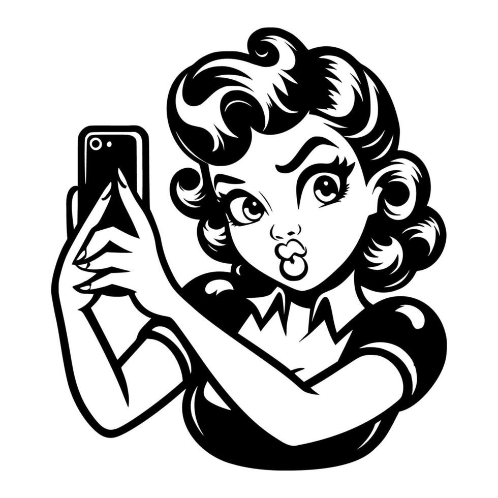 Black and white pop art illustration of a retro woman taking a selfie with a pouty expression, blending classic 1950s style with modern technology. vector