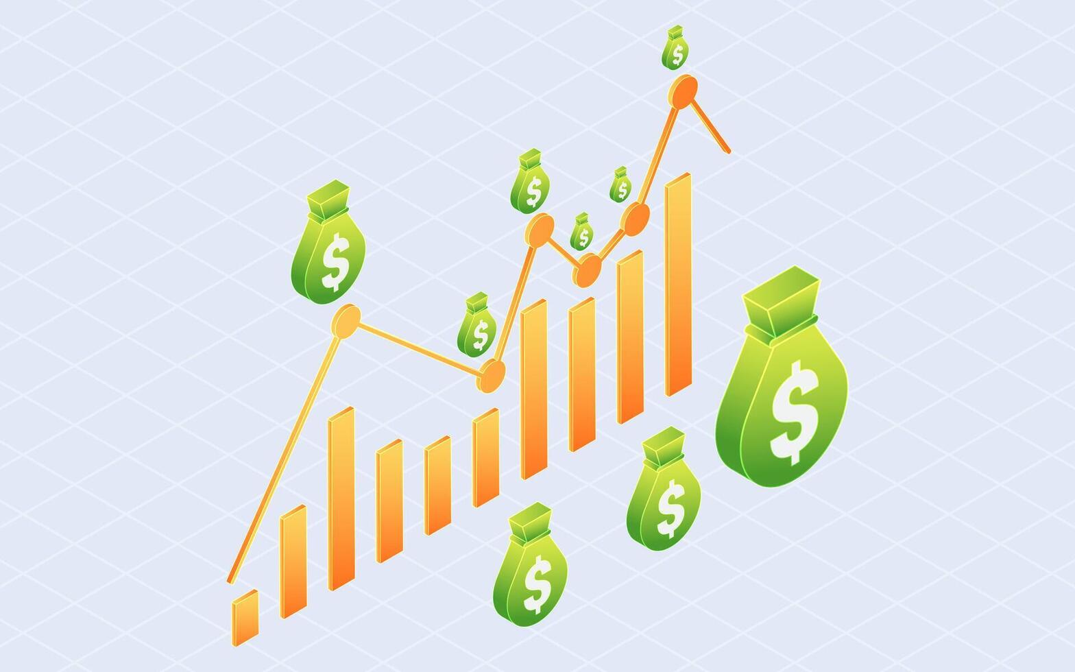 Statistical arrows and money bags. Concept cost budget resources. 3d isometric illustration vector