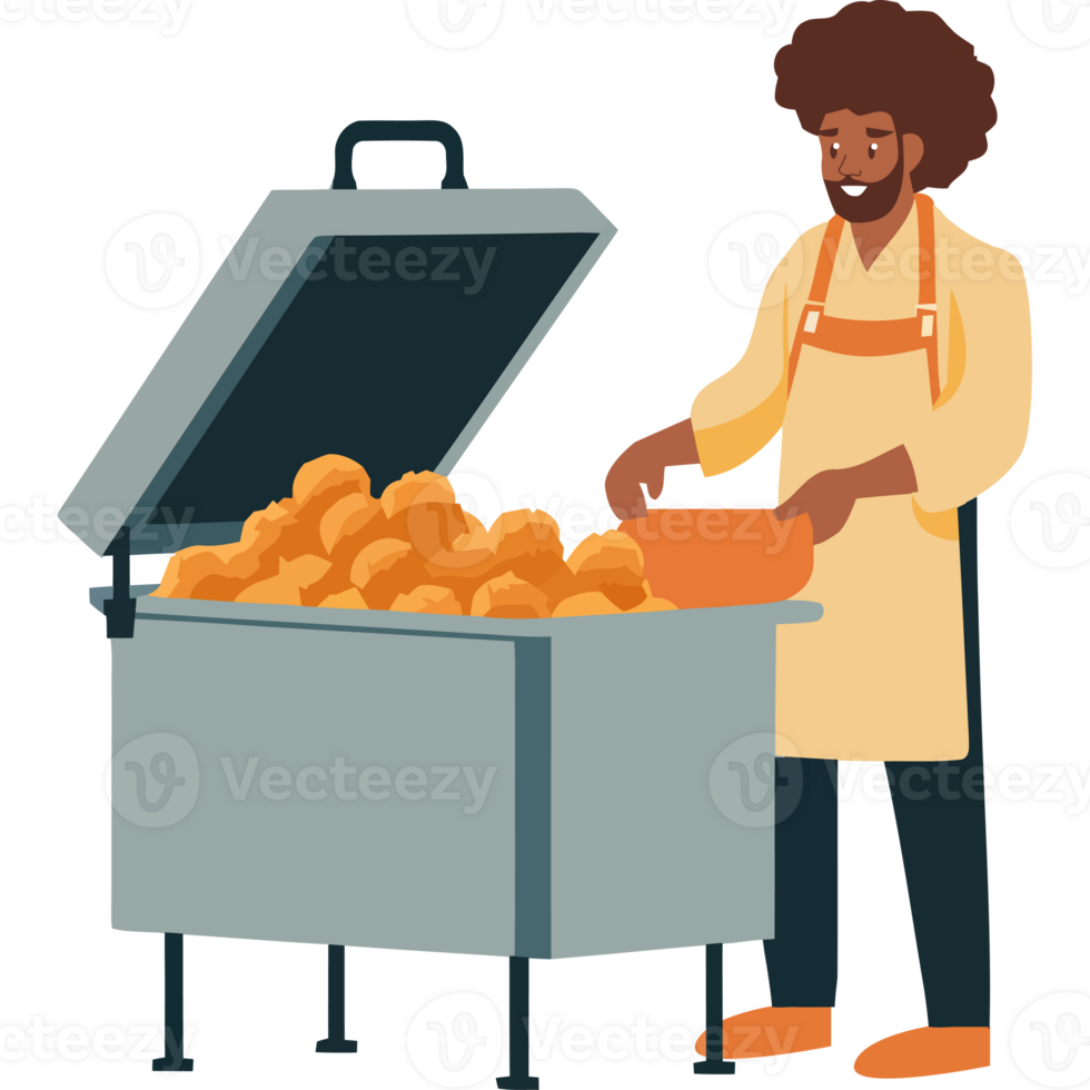 A man in an apron is standing next to a large oven png