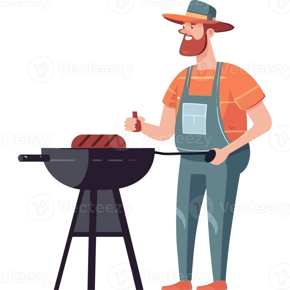 A man is cooking meat on a barbecue grill png