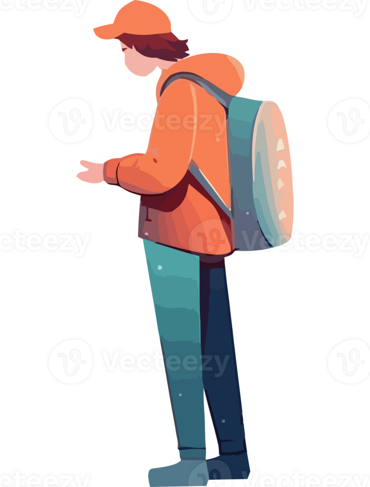 A man with a backpack is standing and pointing png